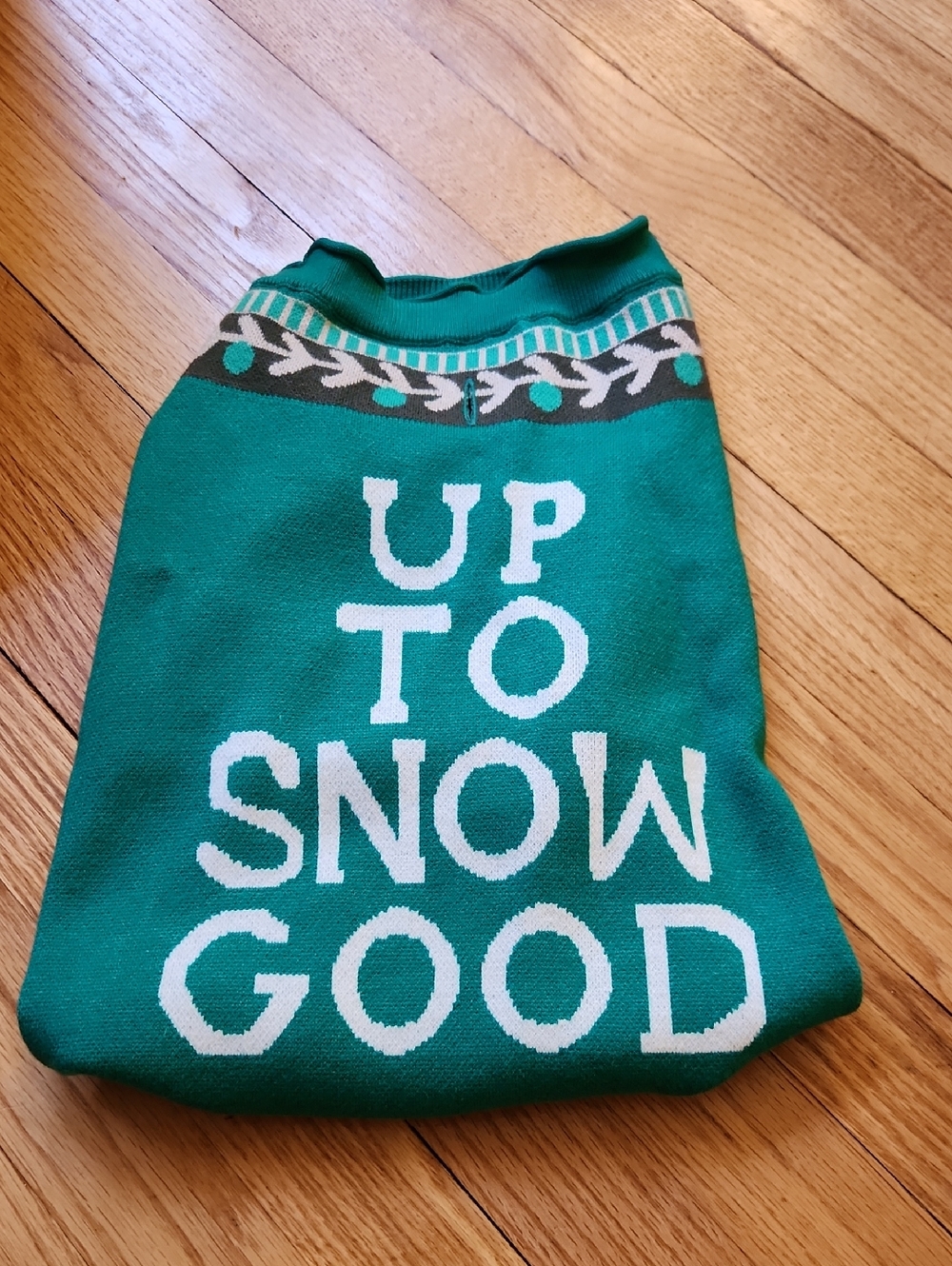 Green Holiday Sweater with 'Up To Snow Good' Text